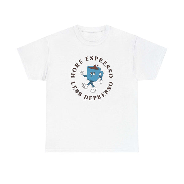 White athletic tee with "More Espresso Less Depresso" design featuring a playful espresso cup character. Perfect for coffee lovers.