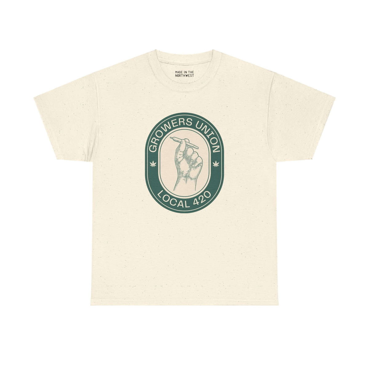 Grower's Union Local 420 Athletic Tee with hand and joint illustration, celebrating 420 culture in cream color.