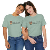 Two women wearing Leave the Road, Take the Trails premium soft tee in green, perfect for outdoor adventure lovers.