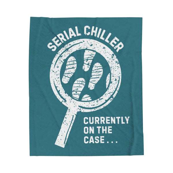 Serial Chiller True Crime Lightweight Cozy Blanket featuring a magnifying glass and footprints design.
