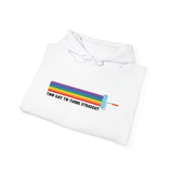 Too Gay To Think Straight hoodie with rainbow paint roller design on a white background.