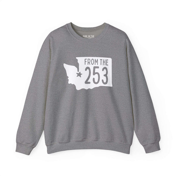 Gray sweatshirt with "From the 253" and Washington state silhouette featuring a star for Tacoma.