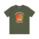Choose Peace Every Day premium soft tee with colorful peace symbol design on olive green fabric.