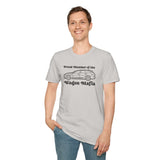 Man wearing Proud Member of the Wagon Mafia softstyle t-shirt showcasing love for wagon cars.