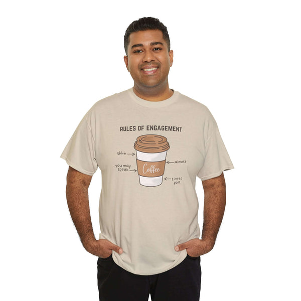 Man wearing 'Rules of Engagement: Coffee Edition' athletic tee featuring a coffee cup graphic and playful coffee etiquette.