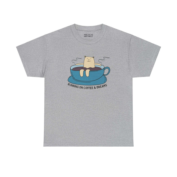 "Running on Coffee and Dreams tee with bear lounging in coffee cup illustration"