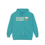 Life's Better Around the Campfire Hoodie in turquoise with a campfire mug graphic