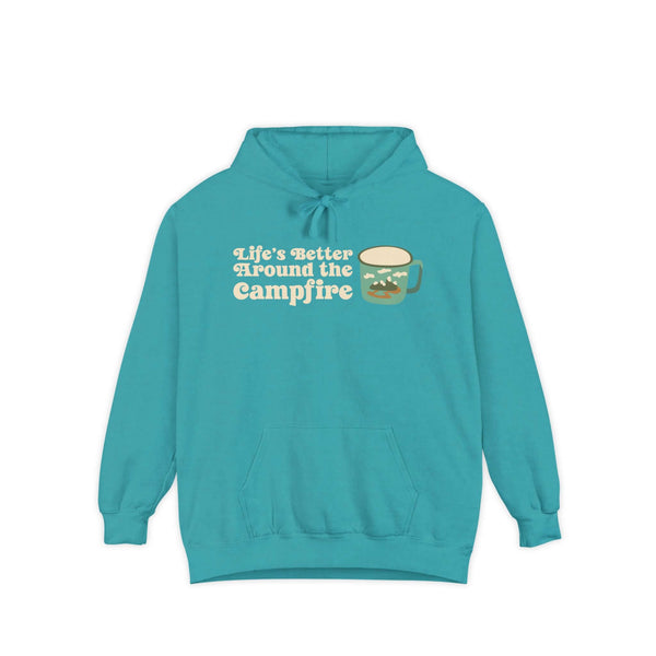 Life's Better Around the Campfire Hoodie in turquoise with a campfire mug graphic