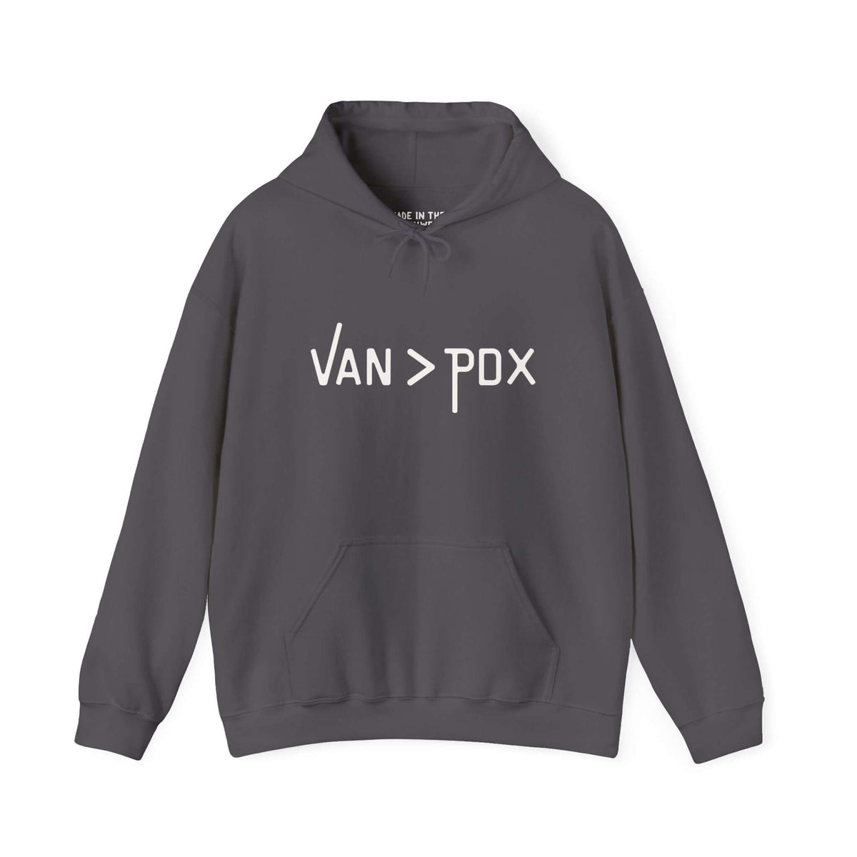 VAN > PDX hoodie in dark gray showcasing Vancouver's appeal over Portland with stylish design.