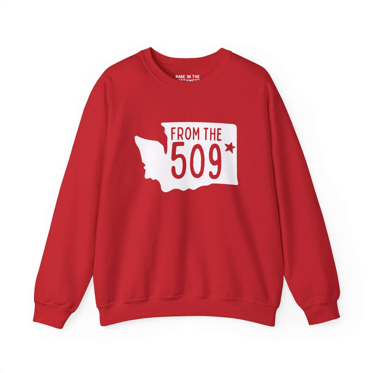 Red sweatshirt featuring "From the 509" design with Washington state silhouette and star marking Spokane.