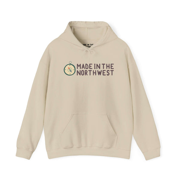 "Made in the Northwest logo hoodie with compass design, beige sweatshirt for Pacific Northwest pride and outdoor adventures"