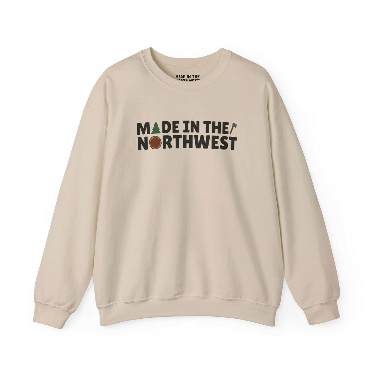 Beige "Northwest Woodlands" sweatshirt with tree, log, and axe design, perfect for nature lovers and Pacific Northwest enthusiasts.