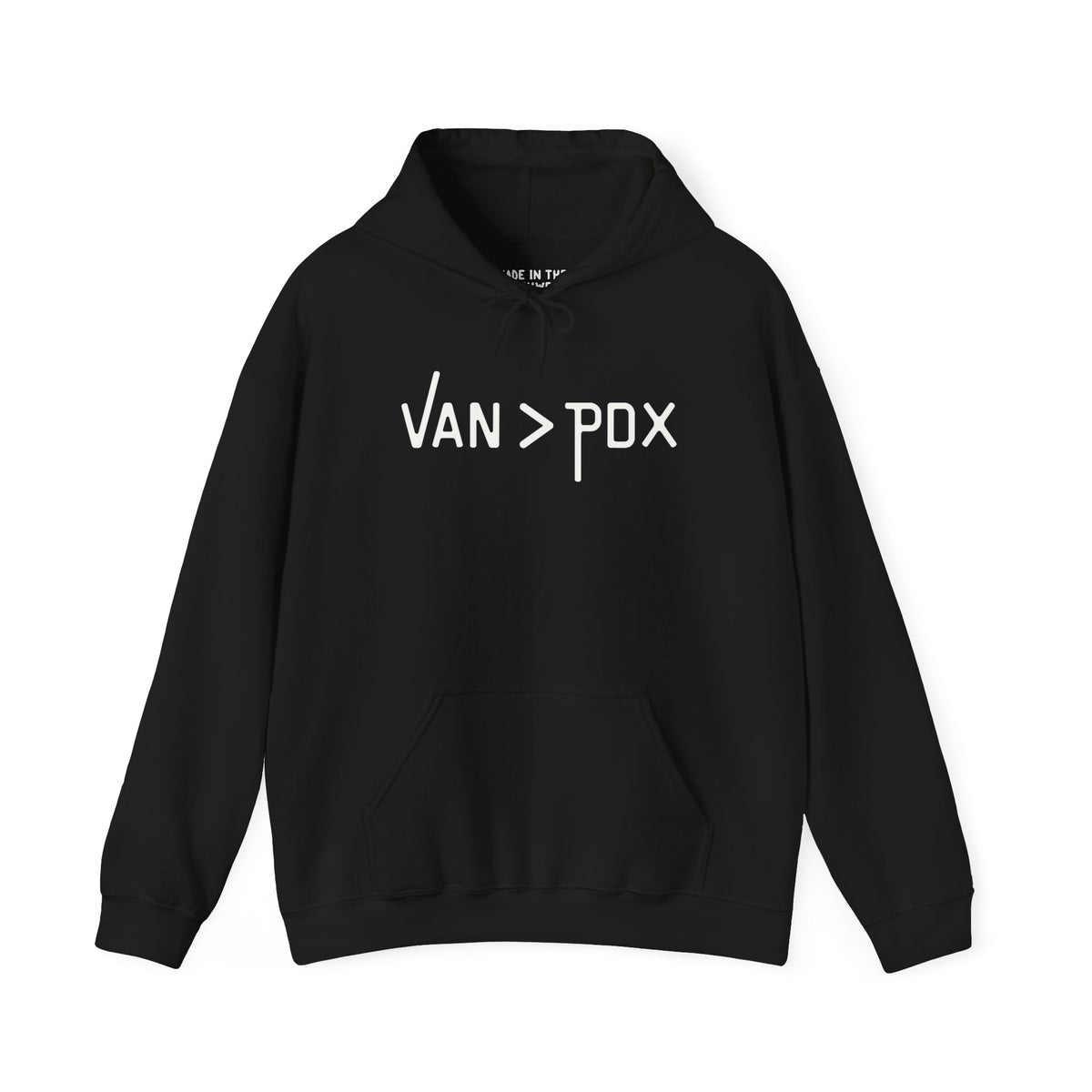 Black VAN > PDX hoodie showcasing the Vancouver over Portland theme, perfect for cozy comfort and outdoor adventures.