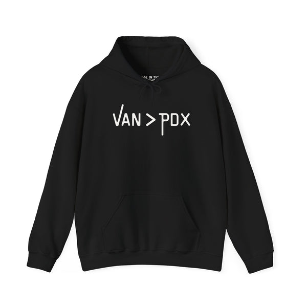Black VAN > PDX hoodie showcasing the Vancouver over Portland theme, perfect for cozy comfort and outdoor adventures.