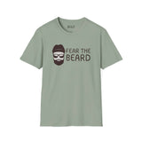 Fear the Beard Lumberjack Softstyle T-Shirt in green featuring a graphic design of a bearded man with glasses.