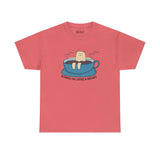 Red athletic tee with a bear lounging in a coffee cup, captioned 