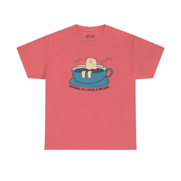 Red athletic tee with a bear lounging in a coffee cup, captioned "Running on Coffee and Dreams," ideal for caffeine and adventure lovers.