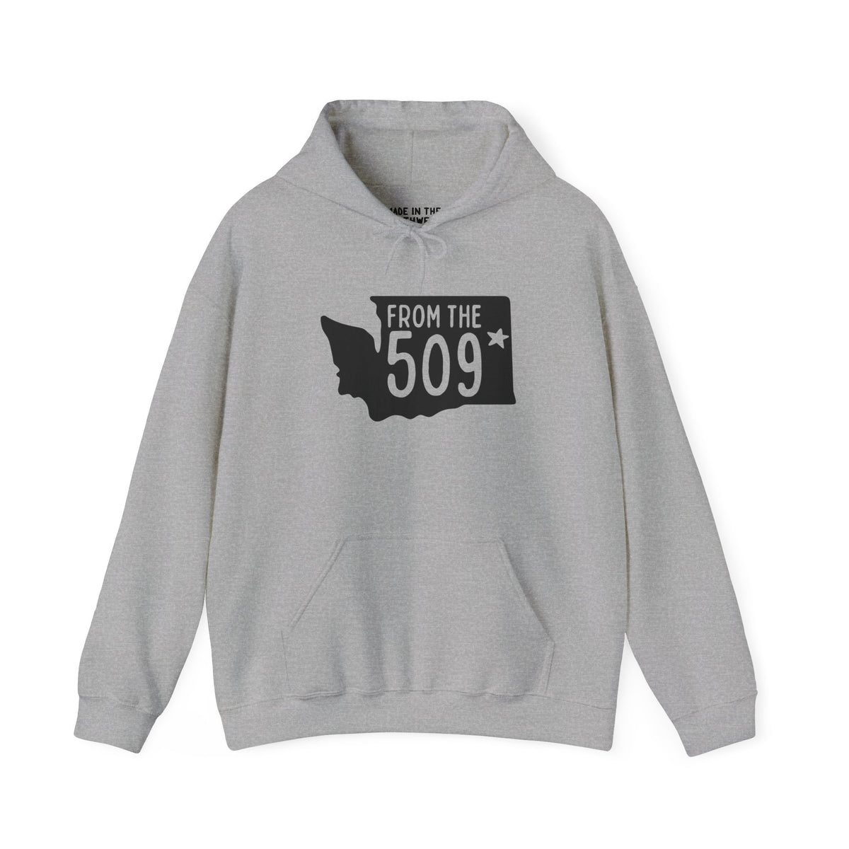 From the 509 Spokane cozy hoodie showcasing a silhouette of Washington state and bold text.