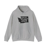 From the 509 Spokane cozy hoodie showcasing a silhouette of Washington state and bold text.