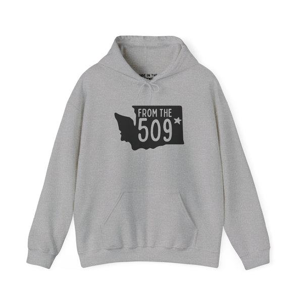 From the 509 Spokane cozy hoodie showcasing a silhouette of Washington state and bold text.
