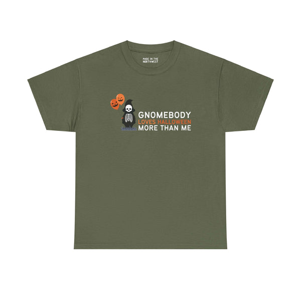 "Gnomebody Loves Halloween More Than Me tee with skeleton gnome and Halloween balloons on olive green background"