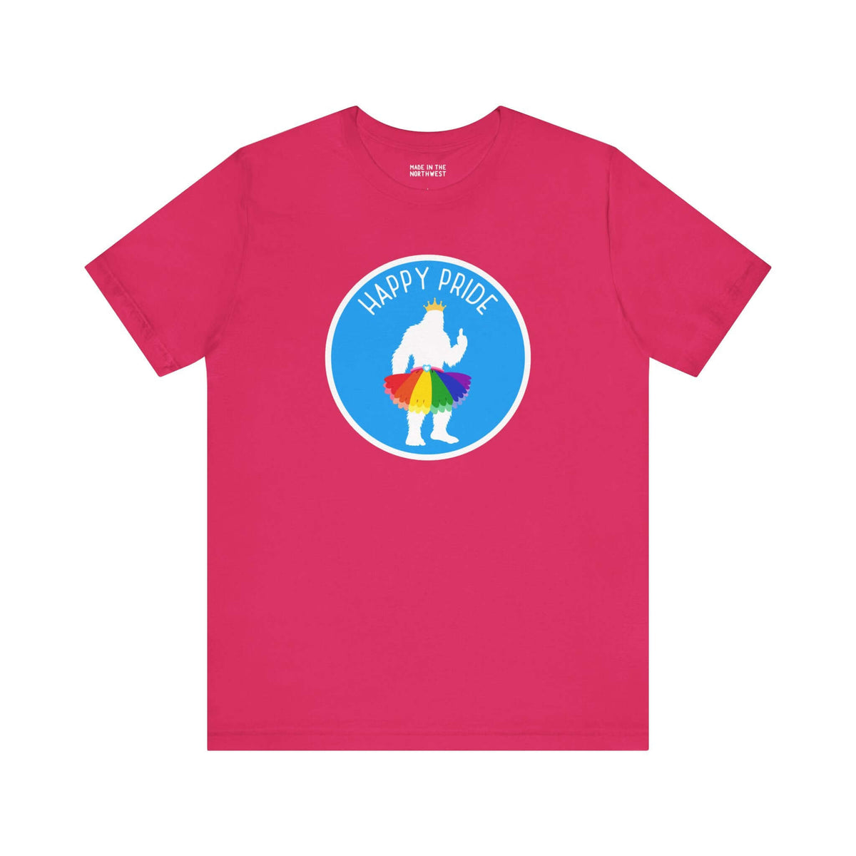 Bigfoot's Pride Parade soft tee in pink with a whimsical rainbow tutu design celebrating Pride.