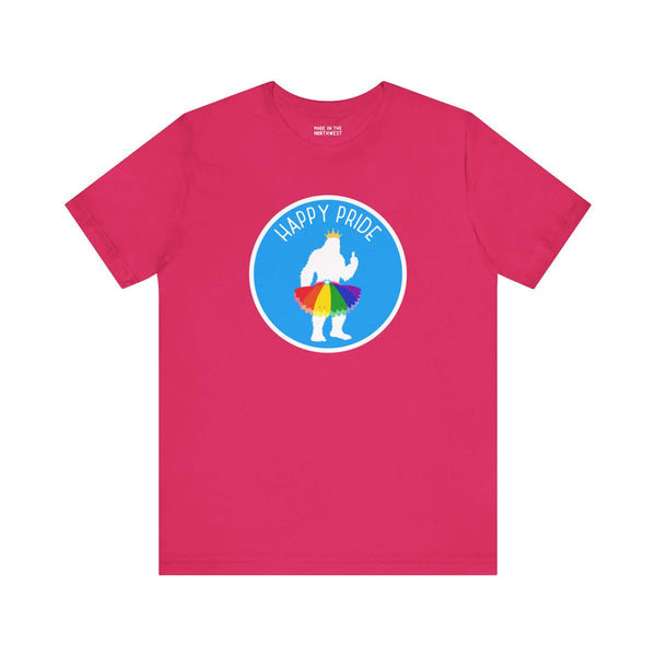 Bigfoot's Pride Parade soft tee in pink with a whimsical rainbow tutu design celebrating Pride.