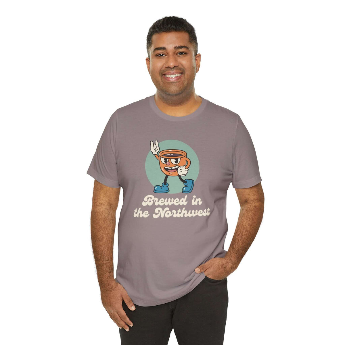 Man wearing 'Brewed in the Northwest' coffee-themed tee, representing PNW pride and coffee culture.
