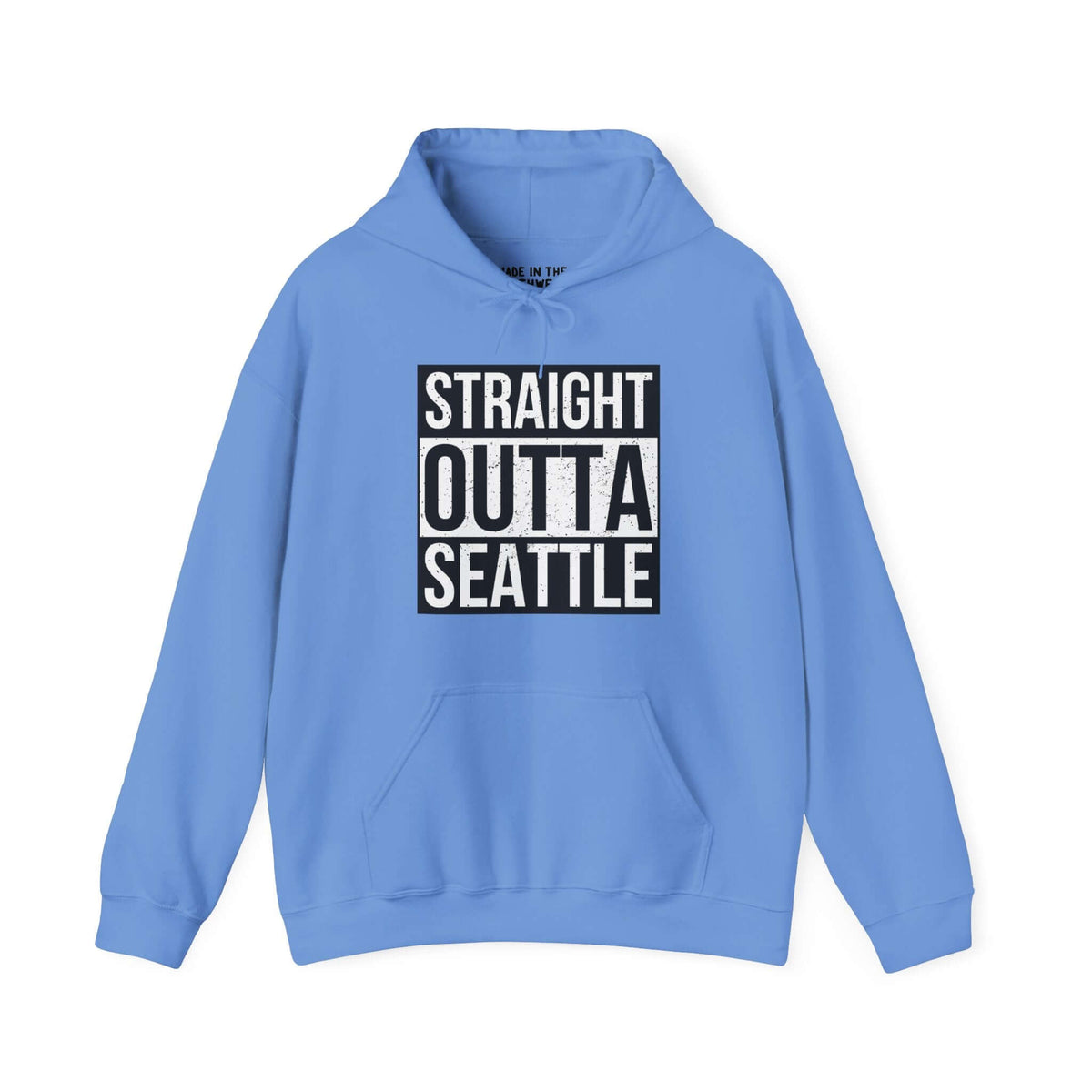 Light blue "Straight Outta Seattle" hoodie with bold text design, showcasing city pride and streetwear style.