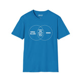 Blue Venn diagram t-shirt featuring 'Serial Killers', 'Moms', and 'People who collect hair & teeth' text.