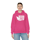 Pink hoodie featuring Washington state silhouette and 'From the 360' text, perfect for local pride in Vancouver.