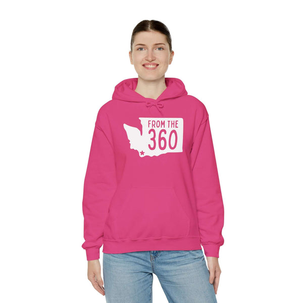 Pink hoodie featuring Washington state silhouette and 'From the 360' text, perfect for local pride in Vancouver.