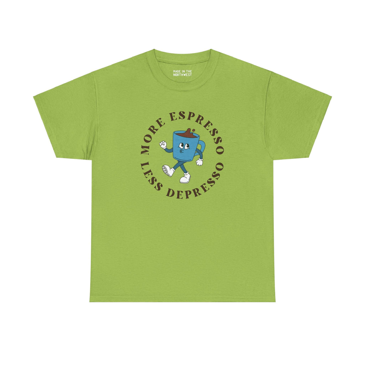 Green athletic tee featuring "More Espresso Less Depresso" slogan with a cheerful coffee cup graphic for coffee enthusiasts.