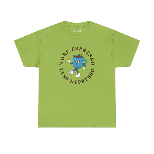 Green athletic tee featuring "More Espresso Less Depresso" slogan with a cheerful coffee cup graphic for coffee enthusiasts.