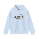 Light blue hoodie with 'Death Before Decaf' and skull coffee mug design, perfect for coffee lovers.
