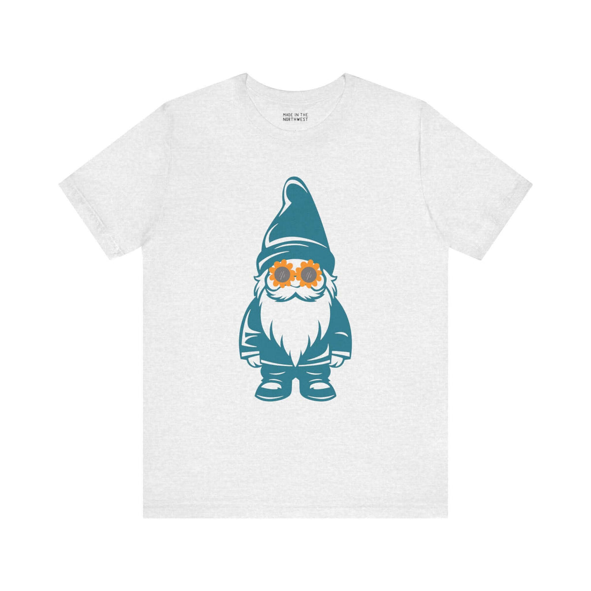 Teal gnome in daisy sunglasses on a soft tee, perfect for whimsical PNW-inspired fashion.