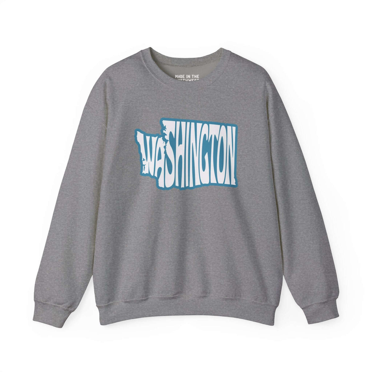 Gray sweatshirt featuring "Washington" in blue typography shaped like the state, perfect for showing Washington pride.