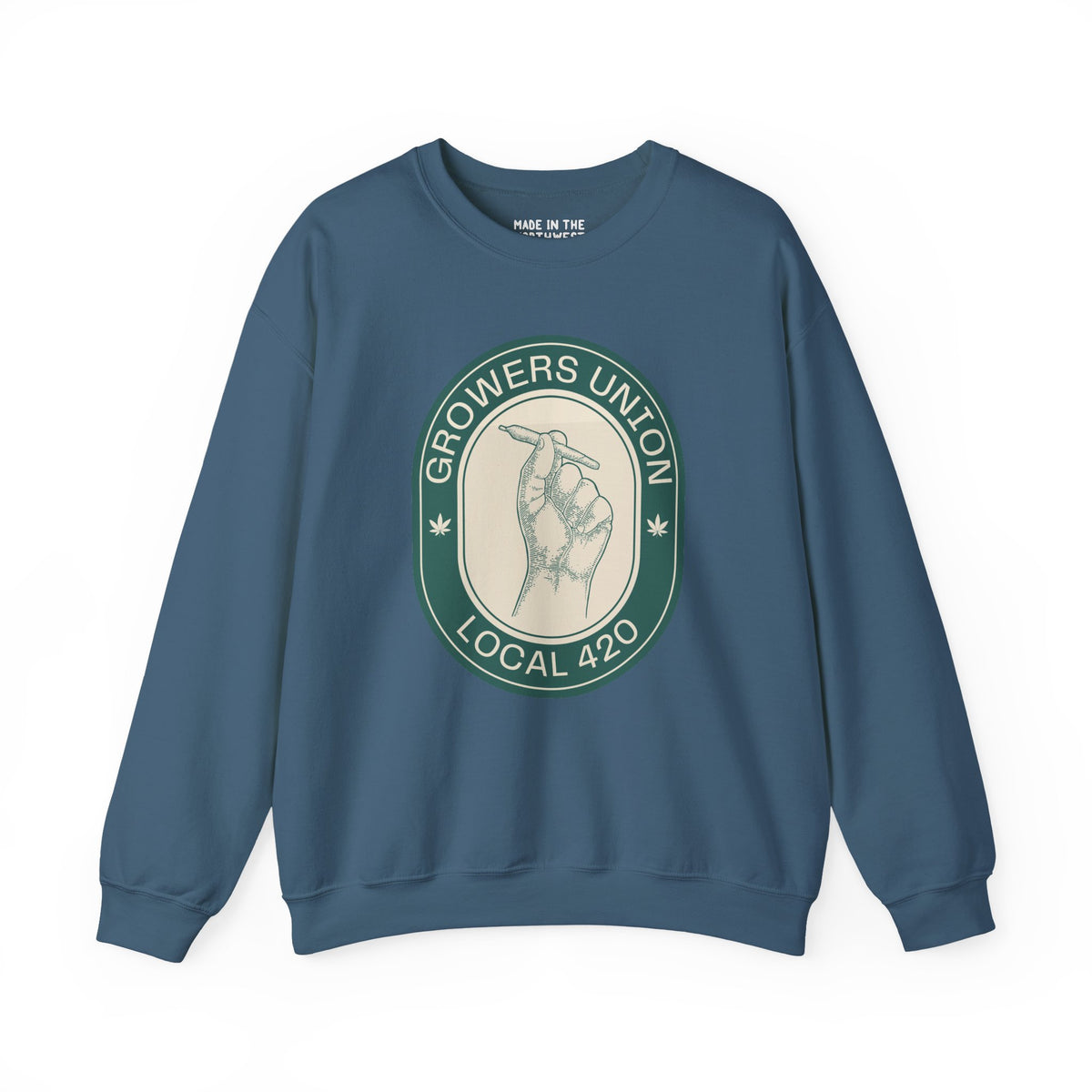 Grower's Union Local 420 cozy sweatshirt featuring an illustration of a hand holding a joint, perfect for 420 culture lovers.