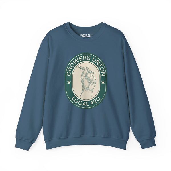 Grower's Union Local 420 cozy sweatshirt featuring an illustration of a hand holding a joint, perfect for 420 culture lovers.