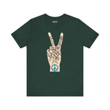 Power in Peace Premium Soft Tee featuring hand peace sign and uplifting words like faith, love, and unity.