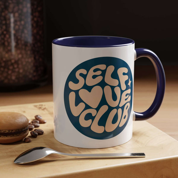 Self-Love Club Coffee Mug featuring playful lettering on a glossy ceramic design.