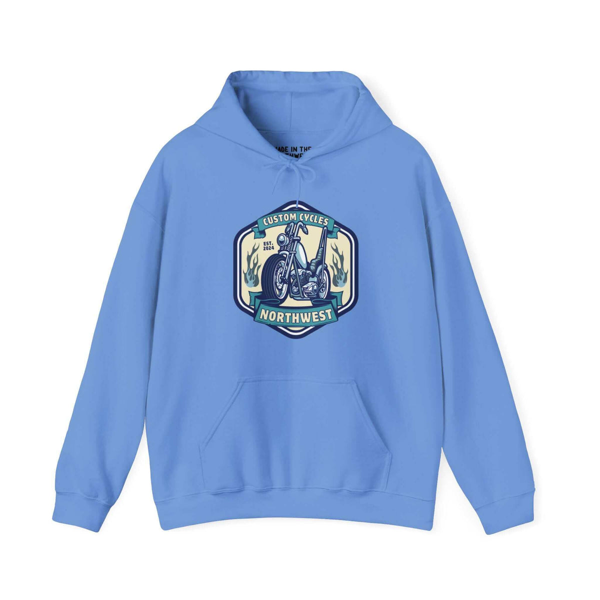 Blue Custom Cycles Northwest hoodie with motorcycle graphic, perfect for motorcycle enthusiasts seeking style and comfort.