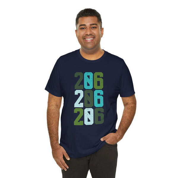 Man wearing a navy Two-Oh-Six Pop Premium Soft Tee with vibrant 206 design, showcasing Seattle style.