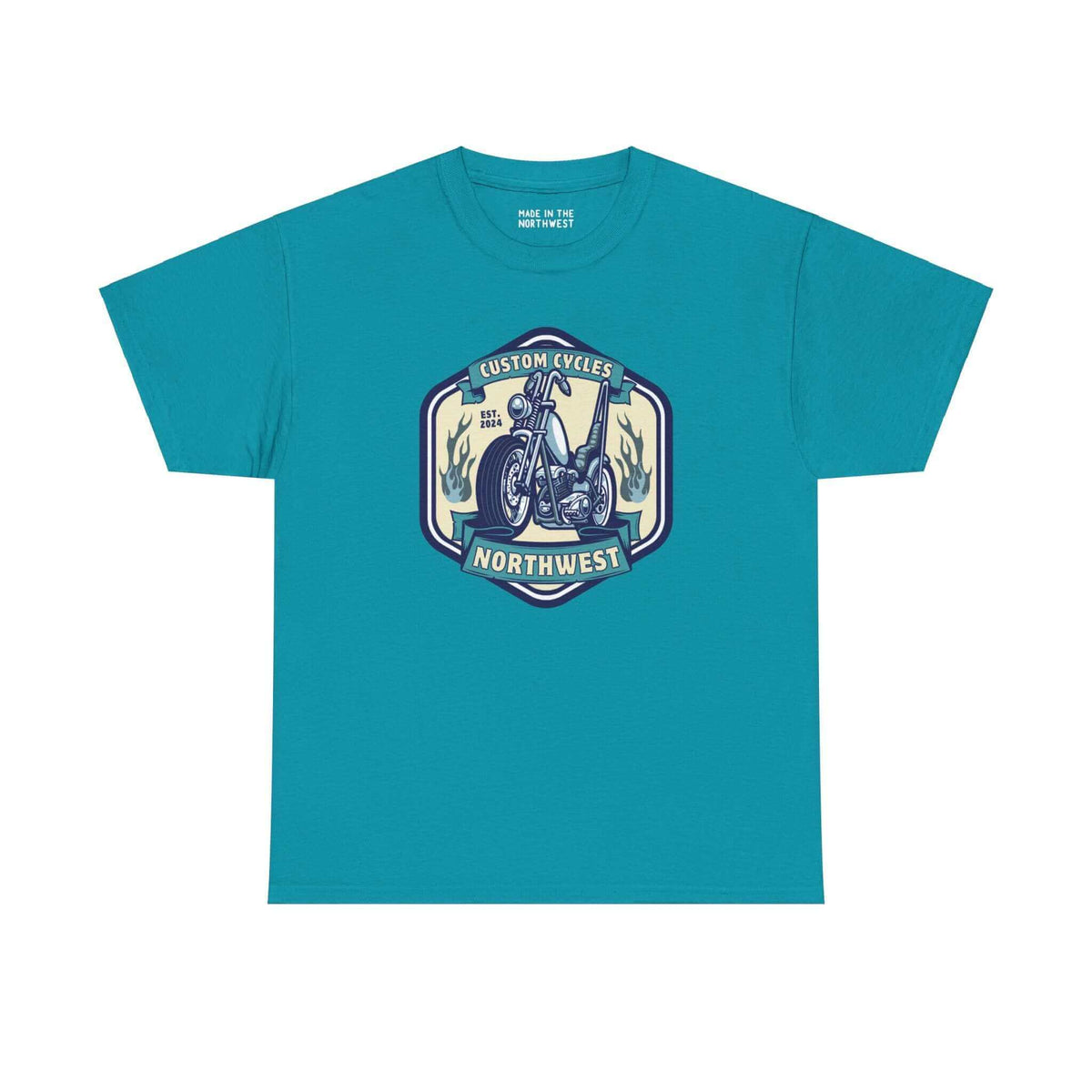 Custom Cycles Northwest athletic tee in teal with motorcycle graphic, designed for motorcycle enthusiasts seeking style and comfort.