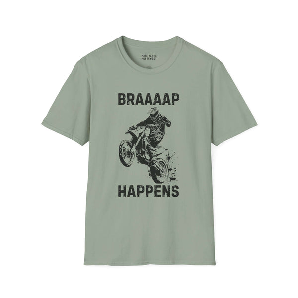 Braaaap Happens motocross softstyle t-shirt featuring a rider on a bike, perfect for dirt biking enthusiasts.