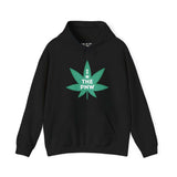 Black hoodie with a large green marijuana leaf graphic and 