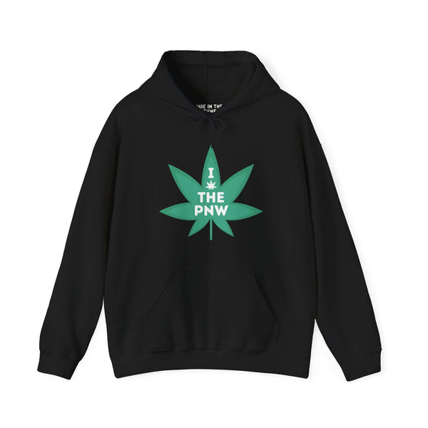 Black hoodie with a large green marijuana leaf graphic and "I Weed the PNW" text, celebrating Pacific Northwest culture.