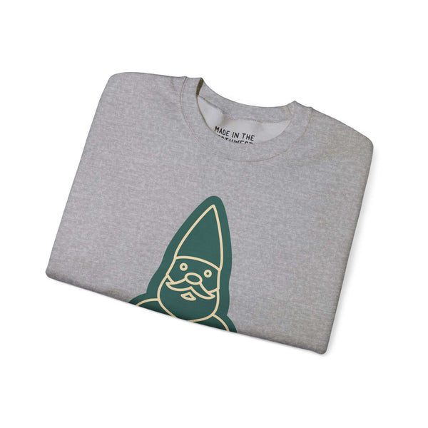 Gray sweatshirt featuring a playful gnome design, perfect for Pacific Northwest enthusiasts.