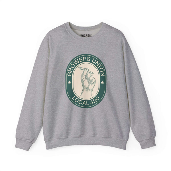 Grey Grower's Union Local 420 sweatshirt with a hand holding a joint illustration in the center.