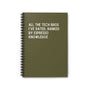 Spiral notebook titled 'All the Tech Bros I’ve Dated, Ranked by Espresso Knowledge' in olive green.